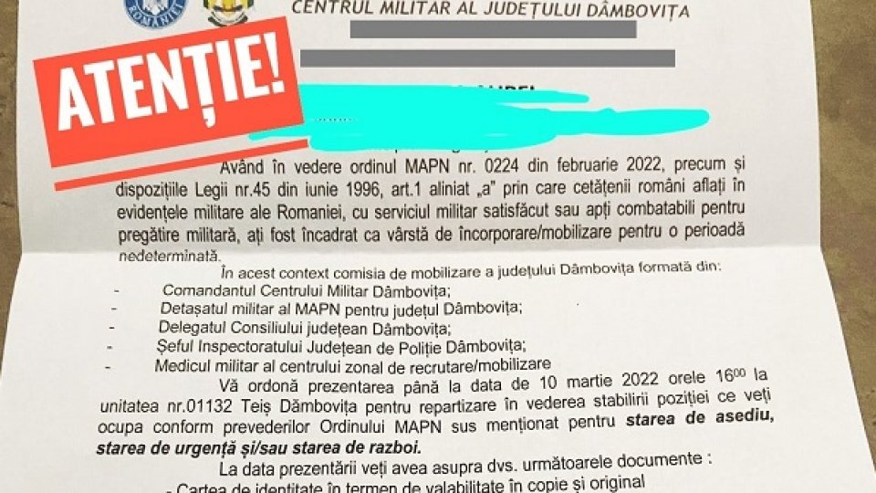 MApN a sesizat autorităţile cu privire la false ordine de chemare la mobilizare